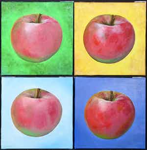 Mylene Vrolijk - Olieverf op doek, Vierluik appels verkocht voor € 10!