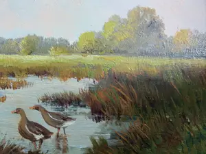 Niet of onleesbaar gesigneerd - 2 fraaie landschapsschilderijtjes met koeien en eenden kopen? Bied vanaf 1!