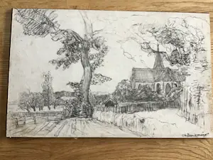 Charles Dankmeijer - Landschap met boerderij /kerk, 2 potlood- en 1 houtskooltekening kopen? Bied vanaf 50!