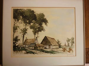 Roger Hebbelinck - Twee fraaie landschappen met boerderijen in lijst met glas kopen? Bied vanaf 100!