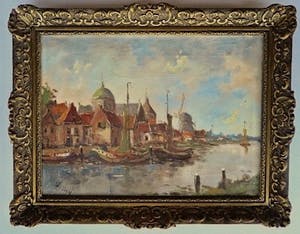 Niet of onleesbaar gesigneerd - Stadsgezicht Singel A'dam met bootjes en Lutherse kerk - Gesigneerd: W. van Dam kopen? Bied vanaf 10!