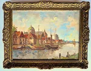 Niet of onleesbaar gesigneerd - Stadsgezicht Singel A'dam met bootjes en Lutherse kerk - Gesigneerd: W. van Dam verkocht voor € 10!