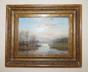 Frits Goosen - Schilderij water landschap met visser in bootje kopen? Bied vanaf 350!