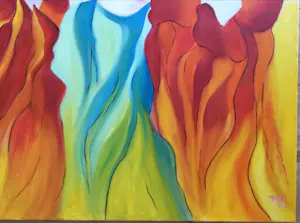 Maartje Wijngaarden - "drie vrouwen" | surrealistisch schilderij (Groot) kopen? Bied vanaf 115!