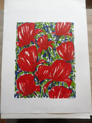 Ad van Hassel - Zeefdruk. Rode tulpen. kopen? Bied vanaf 25!