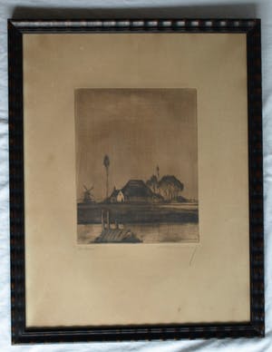 Hubert Hannemann - Ingelijste ets , ‘Bei Haarlem’ (aan het Spaarne?) – ca. 1940 kopen? Bied vanaf 35!