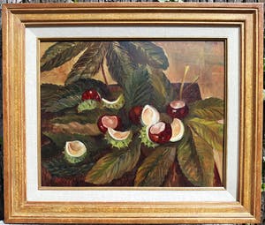 Jeanne Bieruma Oosting - Kastanjes op bladeren, olieverf op paneel (mooi ingelijst) kopen? Bied vanaf 1000!