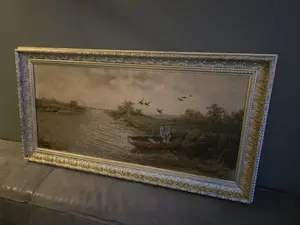 Cornelis Waterman - Water landschap man in boot en opvliegende ganzen kaufen? Bieten Sie von 90!