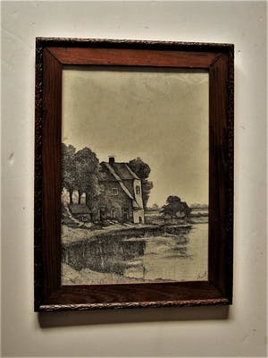 Niet of onleesbaar gesigneerd - omstreeks 1920 - Pointillistische Inkt tekening - Huis aan rivier - gesigneerd kopen? Bied vanaf 1!
