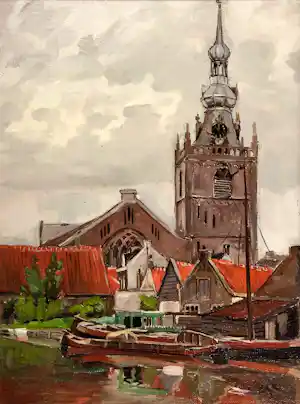 Edzard Koning - Ingelijste maroufle: Grote kerk Overschie verkocht voor € 225!