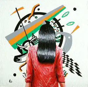 Gerard Boersma - Small World (Vrouw kijkend naar schilderij van Wassily Kandinsky) verkocht voor € 75!