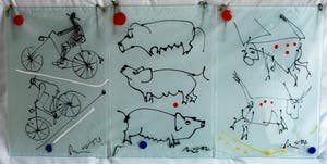 Niet of onleesbaar gesigneerd - 3 op Glas geschilderde werken, Fietsen, Koeien en Varkens - gesigneerd kopen? Bied vanaf 1!