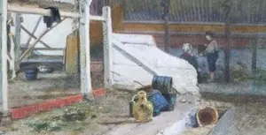 Jan Vrolijk - "stalinterieur met figuren" - aquarel op papier kopen? Bied vanaf 125!