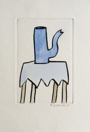 Klaas Gubbels - ets met aquarel ingekleurd - ‘Blauwe kan op tafel’ kopen? Bied vanaf 245!