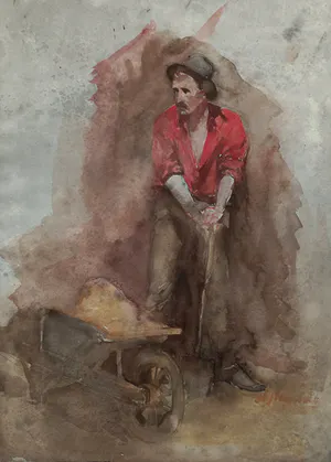 Herman Heijenbrock - Arbeider met kruiwagen, aquarel kopen? Bied vanaf 1!
