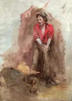 Herman Heijenbrock - Arbeider met kruiwagen, aquarel verkocht voor € 1!