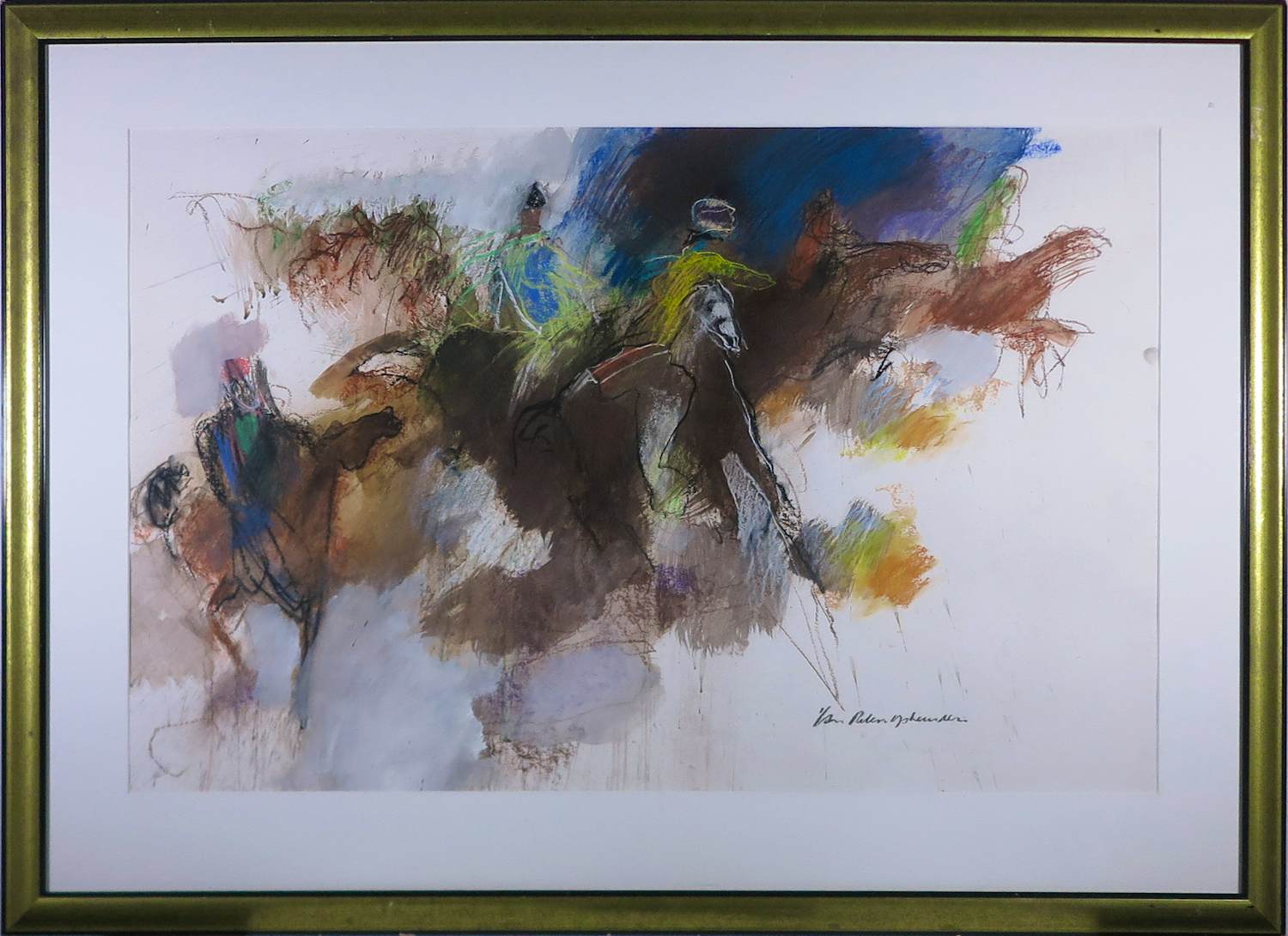 Jan Peter van Opheusden - Groot uniek werk op papier (krijt, verf), Ruiters en paarden - Ingelijst kopen? Bied vanaf 500!