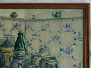 Niet of onleesbaar gesigneerd - Ingelijst, olieverf op board , stilleven “Aardewerk met bierpullen” kopen? Bied vanaf 1!