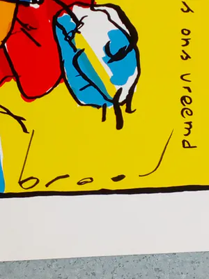 Herman Brood - Vrolijke grote kleuren-zeefdruk: Niets menschelijks is ons vreemd kopen? Bied vanaf 190!