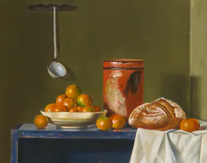 L. Javier Cornejo - Olieverf op hardboard, Stilleven met mandarijnen en brood kopen? Bied vanaf 150!