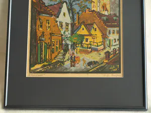 Niet of onleesbaar gesigneerd - Ingelijste kleurenhoutsnede , Stadsgezicht – ca. 1940 kopen? Bied vanaf 1!