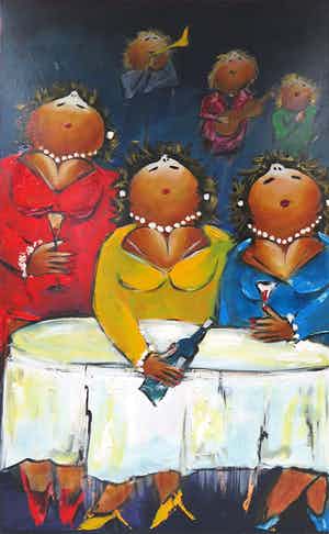 Theo Broeren - Acryl op doek, Dames aan de tafel (Zeer Groot) verkocht voor € 100!