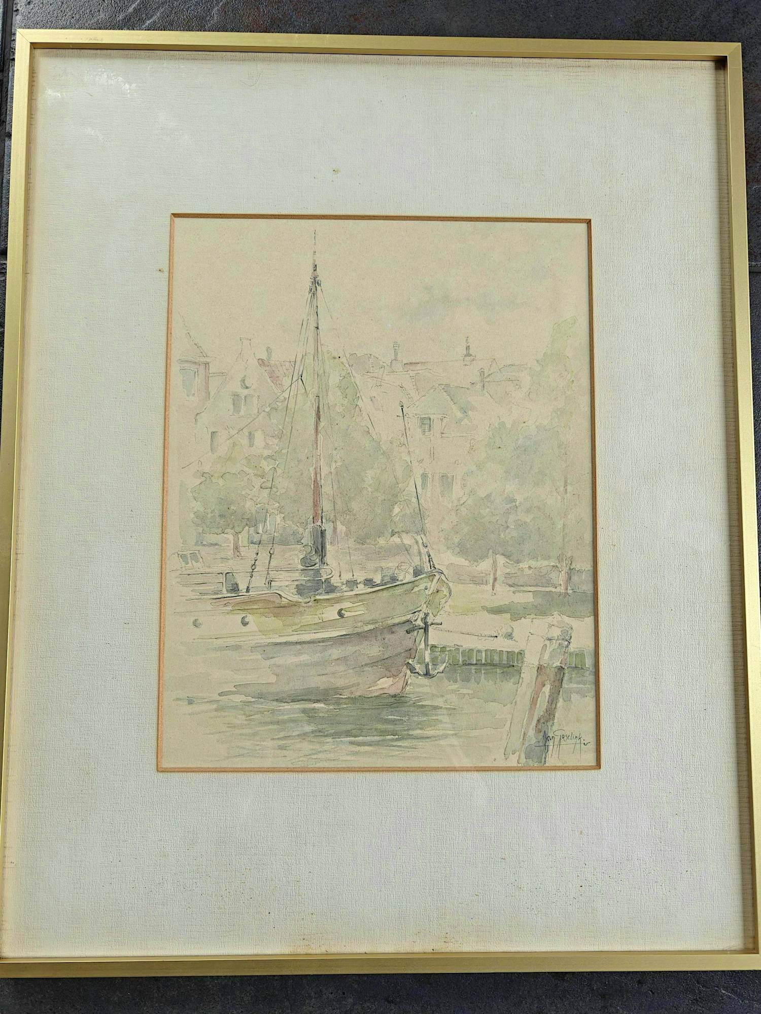 Jan Goselink - Havengezicht met boot kopen? Bied vanaf 35!