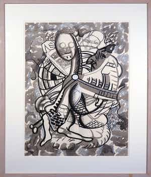 Niet of onleesbaar gesigneerd - Gemengde techniek op doek, Zonder titel - Ingelijst verkocht voor € 1!