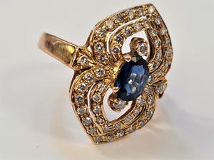 1237 - 14 krt goud & diamanten ring - grote 0.65ct diep-blauwe saffier! kopen? Bied vanaf 360!