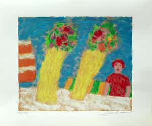 Eugene Brands - Figuur met bloemen - kleurrijk litho uit de CoBrA box van 1995 verkocht voor € 175!