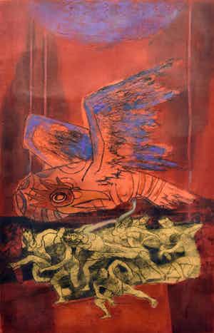 Ru van Rossem - Vuurvogel - Ets met blinddruk en pastelkrijt op papier - Ed. 3/35 - Gesigneerd verkocht voor € 110!