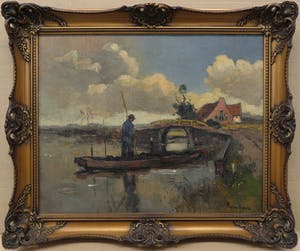 Frans Hoos - Olieverf op doek, Landschap met bootje - Ingelijst kopen? Bied vanaf 150!