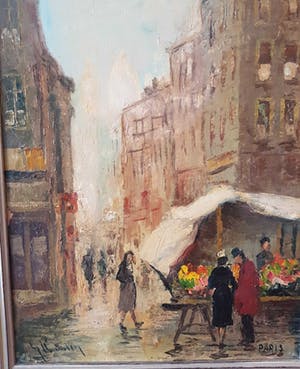 Niet of onleesbaar gesigneerd - Mooi Frans aangezicht van een markt in Parijs. Handgesigneerd. kopen? Bied vanaf 10!