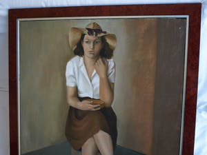 Elly du Clou-Bruggeman - Olieverf op doek , Vrouw met hoed, Zelfportret? – Groot kopen? Bied vanaf 100!