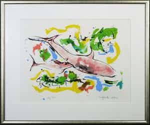 Nic Jonk - Zeefdruk, Dolphins - Ingelijst verkocht voor € 70!