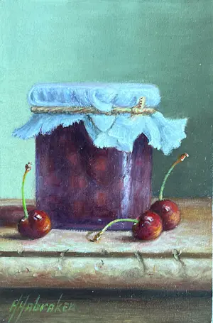 Hans Habraken - Schilderij stilleven kersen in een weckpot en kersen op tafel. kopen? Bied vanaf 195!
