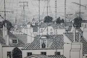 Paul Delvaux - [surrealisme] - ets uit 1964 : Les toits - De daken *incl 2 boekwerken* kopen? Bied vanaf 499!