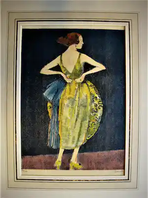 Henri Ramah - Originele, omstreeks 1920 handgekleurde Lithografie "dame in gele jurk" gesignee verkauft für € 39!