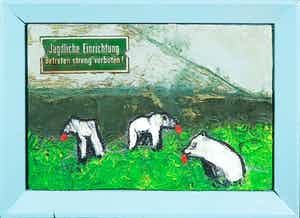 Ivo Kamphuis - Olieverf en collage op paneel, Trophäenjagd II - Ingelijst verkocht voor € 1!