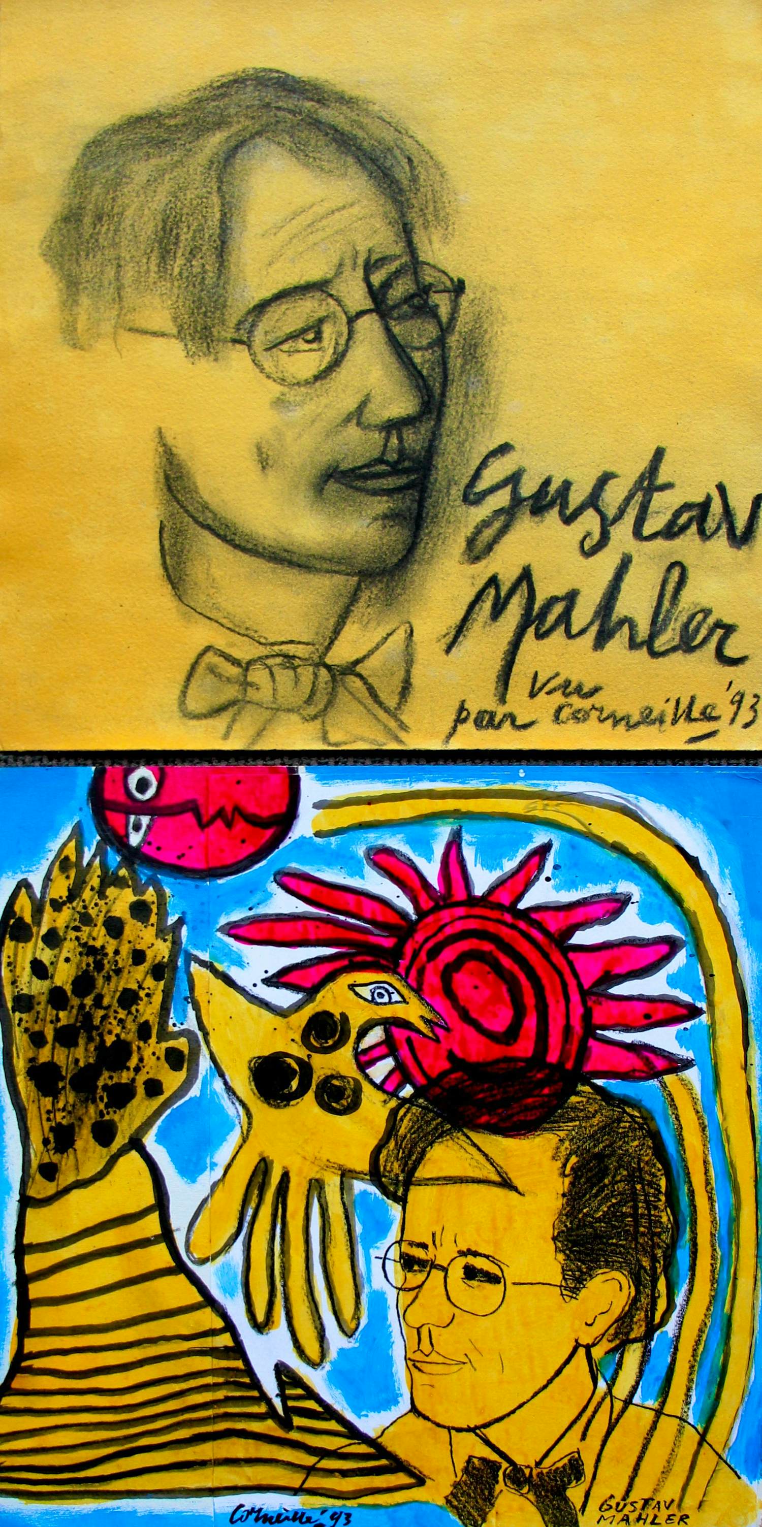 Corneille - tekening + gem. techniek + foto + handgeschreven teksten: Gustav Mahler - 1993 kopen? Bied vanaf 1495!