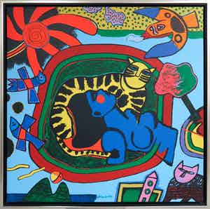 Corneille - Zeefdruk op doek, Le chat roi - Ingelijst verkocht voor € 400!