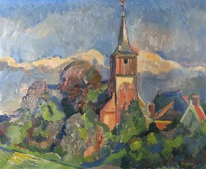 Henk van den Idsert - Olieverf op doek, Landschap met kerktoren - Ingelijst kopen? Bied vanaf 150!