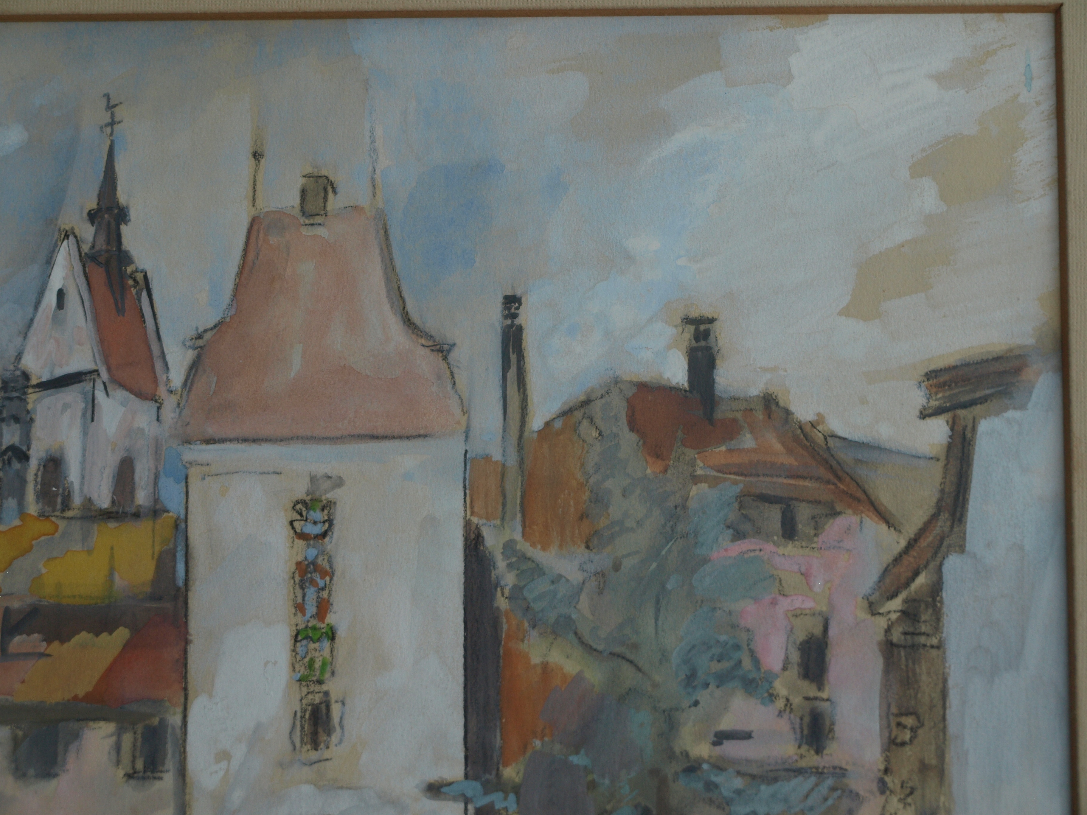 Niet of onleesbaar gesigneerd - Gemengde techniek , Dorpsgezicht – gesigneerd & ingelijst - 1968 kopen? Bied vanaf 1!