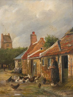 Niet of onleesbaar gesigneerd - Olieverf op paneel, Meisje met kippen kopen? Bied vanaf 1!