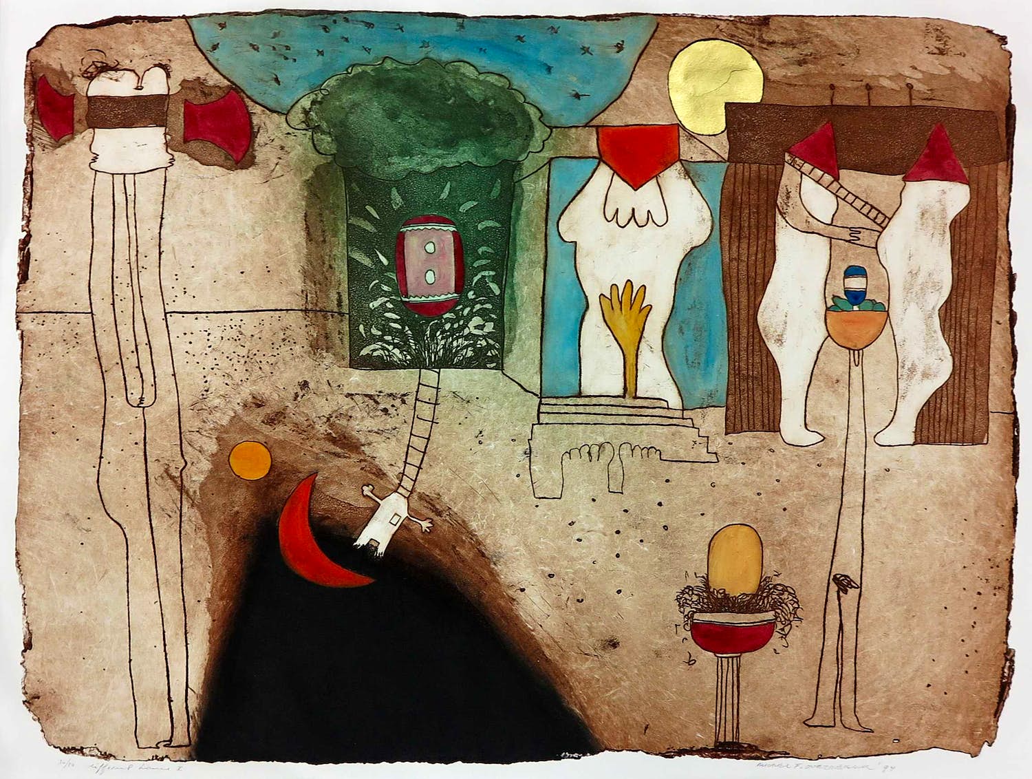 Michel van Overbeeke - Ets/aquatint met bladgoud, Different houses I kopen? Bied vanaf 50!