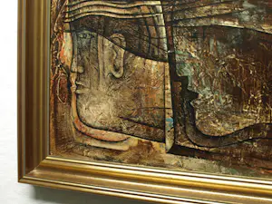 Frits van Eeden - Olieverf en stift op paneel, Twee gezichten – 1974 – Lijst, 49½ x 67½ cm. kopen? Bied vanaf 125!