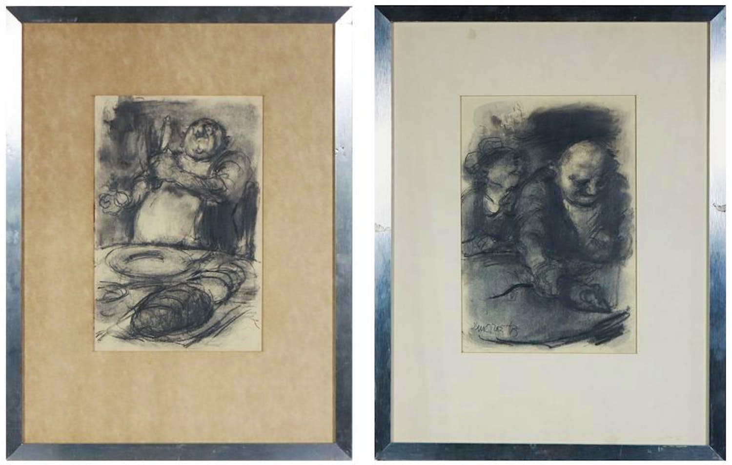 Kurt Lob - Krijt op papier, The novaks (set van 2 werken) - Ingelijst verkocht voor € 100!