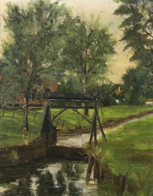 Dick van Vlaardingen - Olieverf op doek, Landschap met sluisje - Ingelijst kopen? Bied vanaf 60!