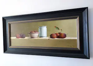 Leo Pors - Stilleven met Reine Victoria pruimen, schaaltje en zalfpotje kopen? Bied vanaf 1695!