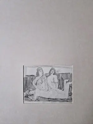 Theo Beerendonk - Jaren 50 erotische potlood tekening "Ménage à trois" gesigneerd kopen? Bied vanaf 52!